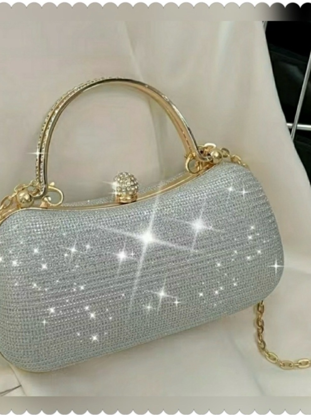 Elegant Glitter Evening Bag in Silver with Gold Hardware